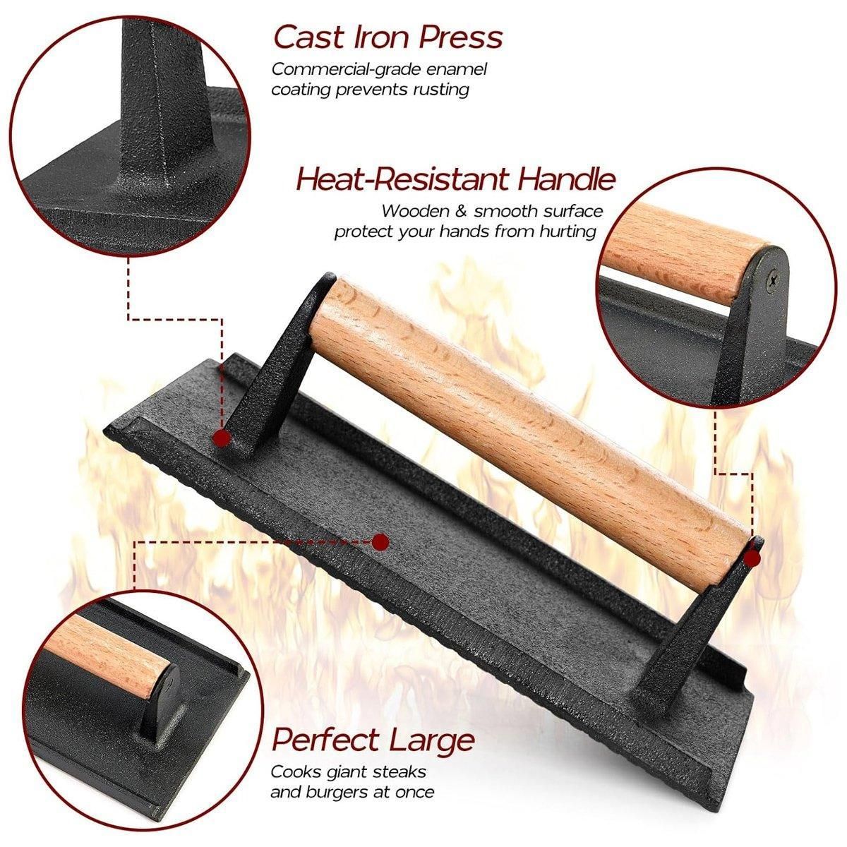 Cast Iron Meat Press Rectangular Grill BBQ Steak Press for Outdoor