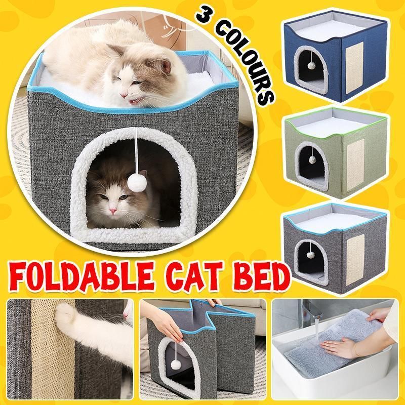 Foldable Pet Cat Calming Bed Hideaway Interactive House Nest