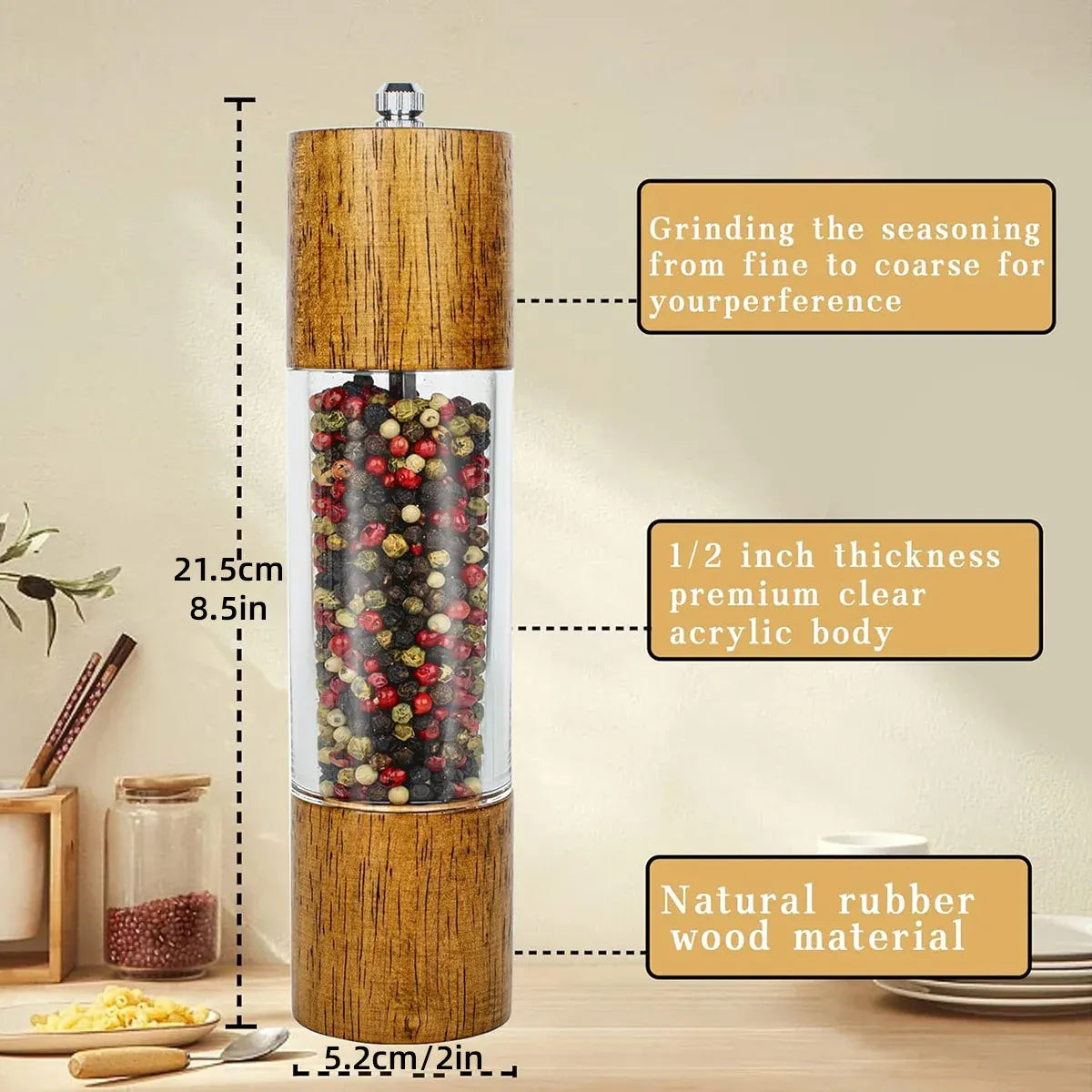 Wooden Salt and Pepper Mill with Adjustable Grind