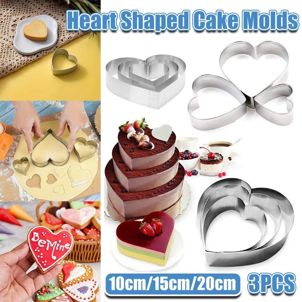 Heart Stainless Steel Cake Rings, 10, 15 and 20 cm, Set of 3