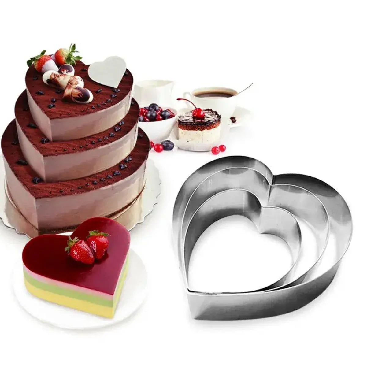 Heart Stainless Steel Cake Rings, 10, 15 and 20 cm, Set of 3
