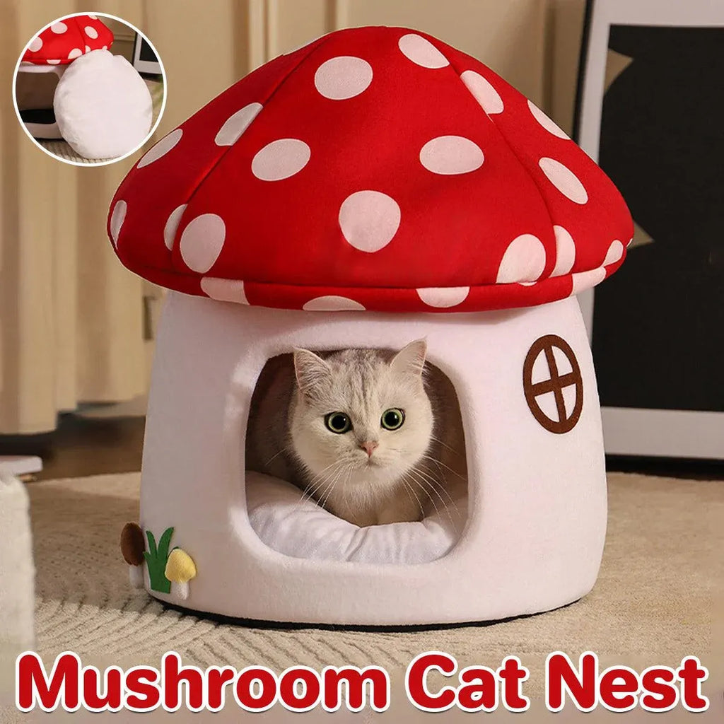 Winter Mushroom Cat House Cozy Sleeping Pet Bed