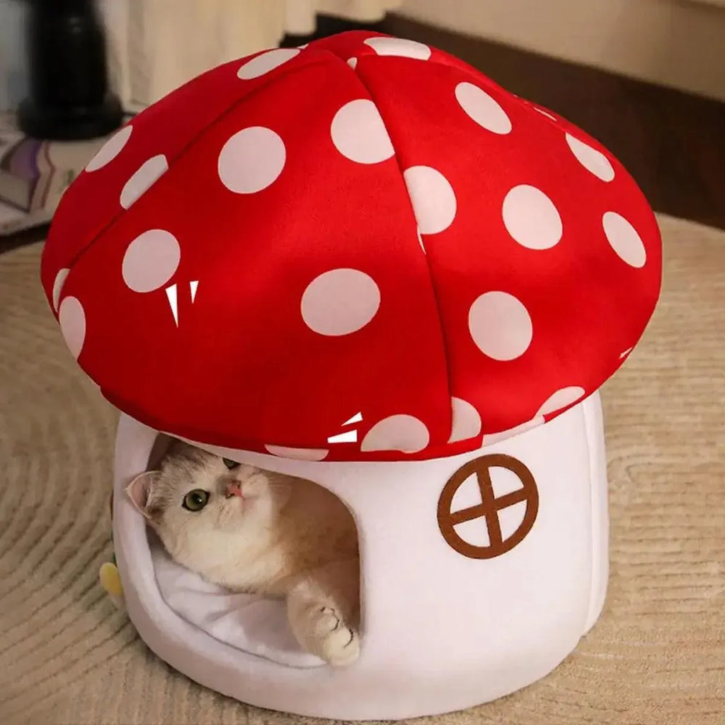 Winter Mushroom Cat House Cozy Sleeping Pet Bed