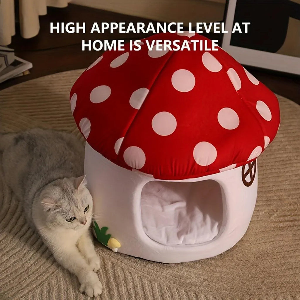 Winter Mushroom Cat House Cozy Sleeping Pet Bed