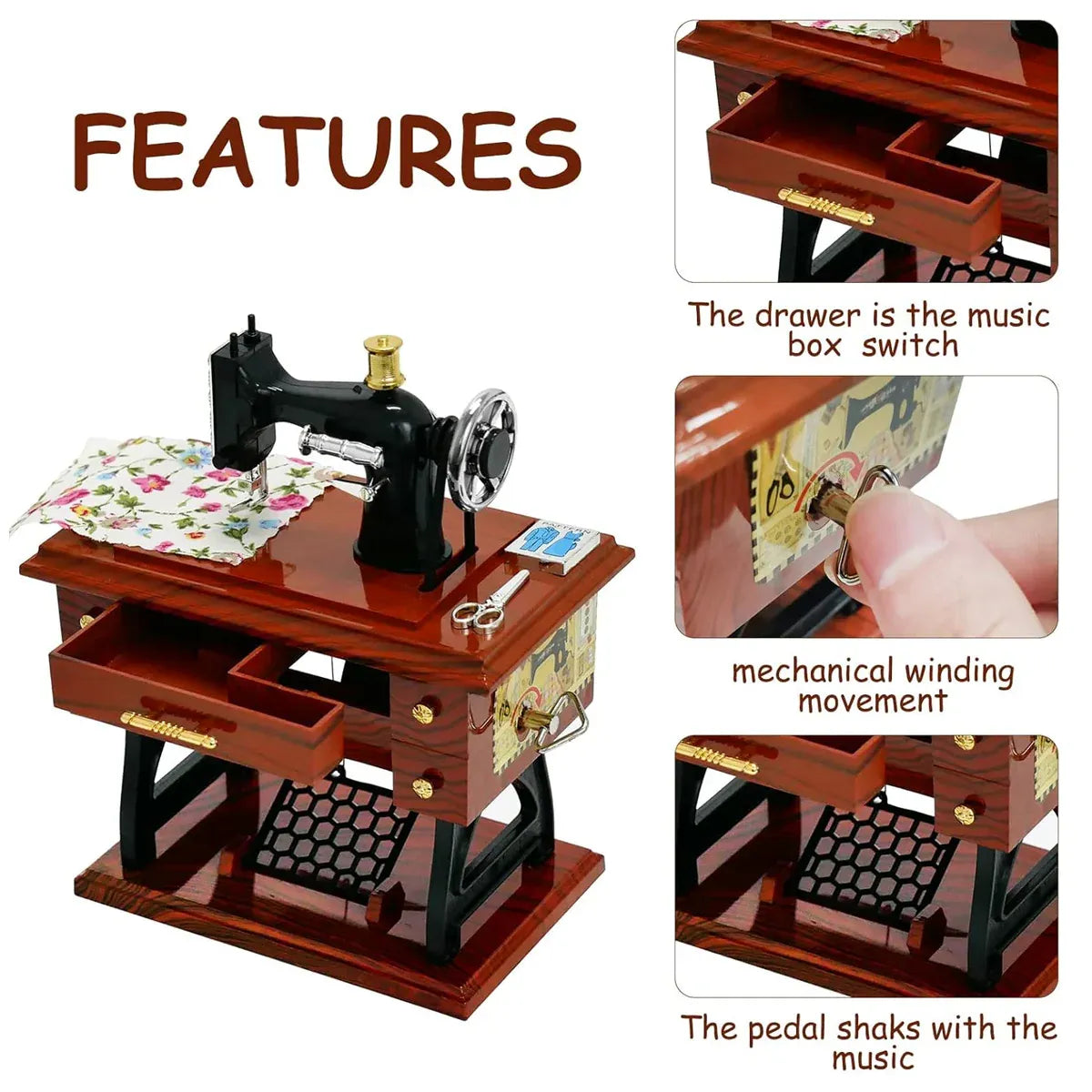 Vintage Music Box Sewing Machine Style Mechanical Birthday Gift Table