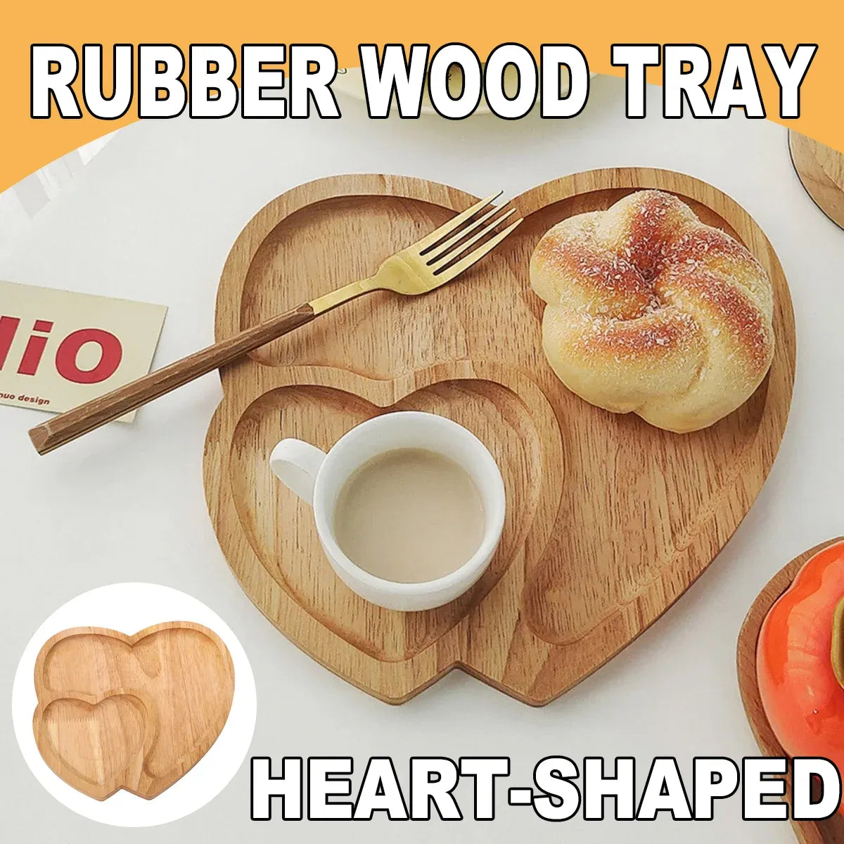 Heart Shaped Rubber Wood Serving Tray, 23 cm