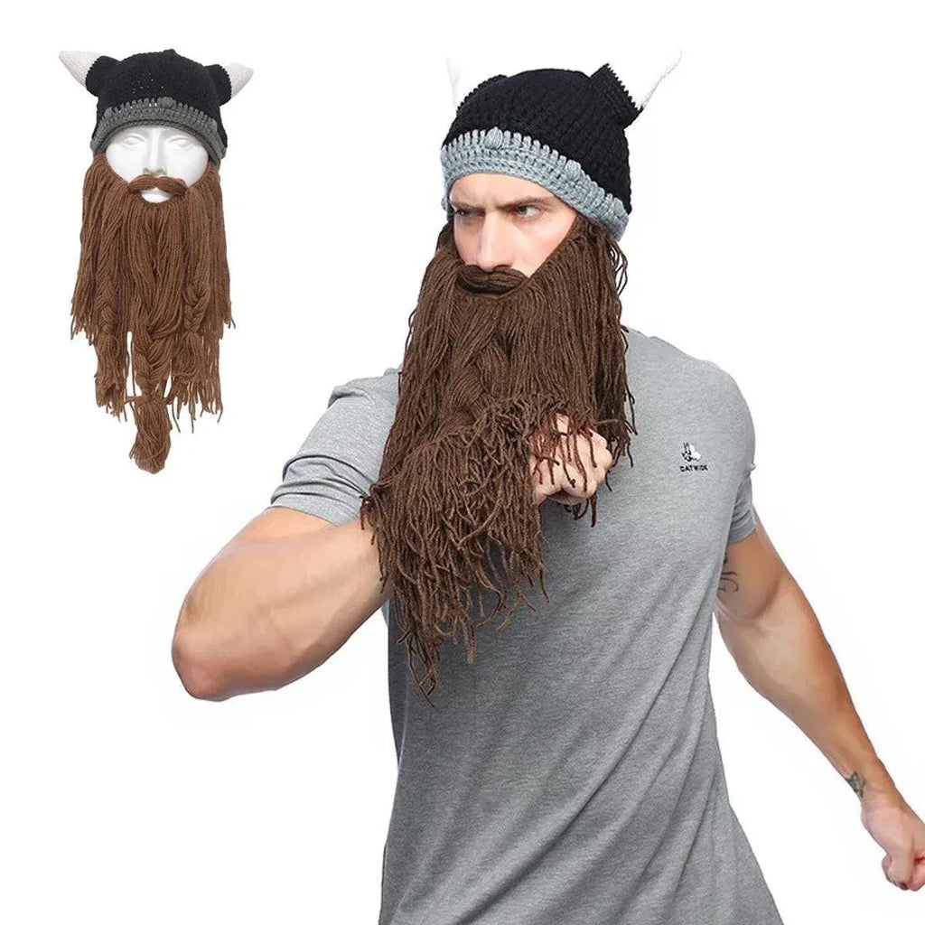 Knitted Viking Beard Beanie with Horns