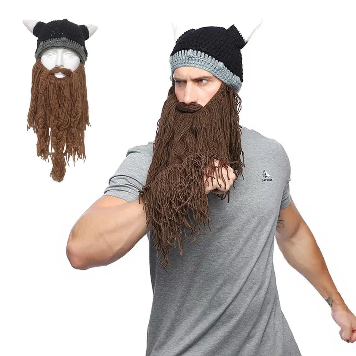 Knitted Viking Beard Beanie with Horns