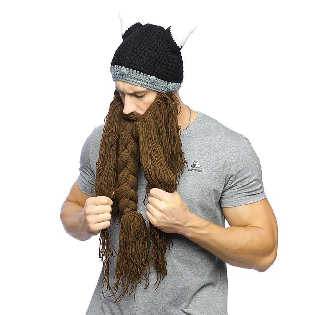 Knitted Viking Beard Beanie with Horns