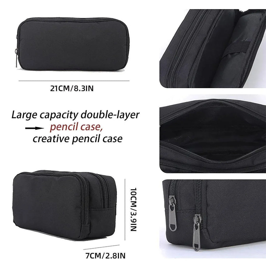 Double Layer Oxford Fabric Pencil Case, Black, 21 x 10 x 7 cm