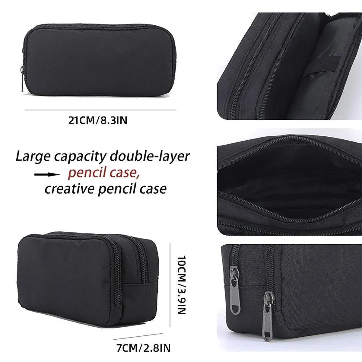 Double Layer Oxford Fabric Pencil Case, Black, 21 x 10 x 7 cm