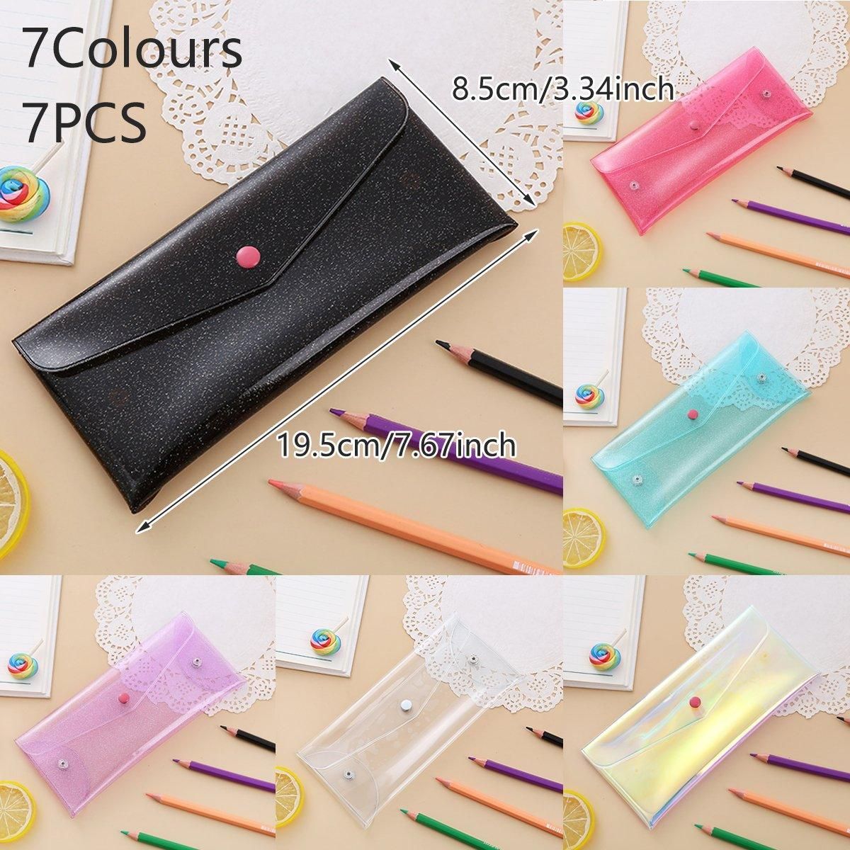 Clear PVC Pencil Pouches with Snap Button, 7 Pack