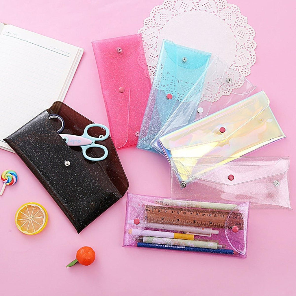Clear PVC Pencil Pouches with Snap Button, 7 Pack