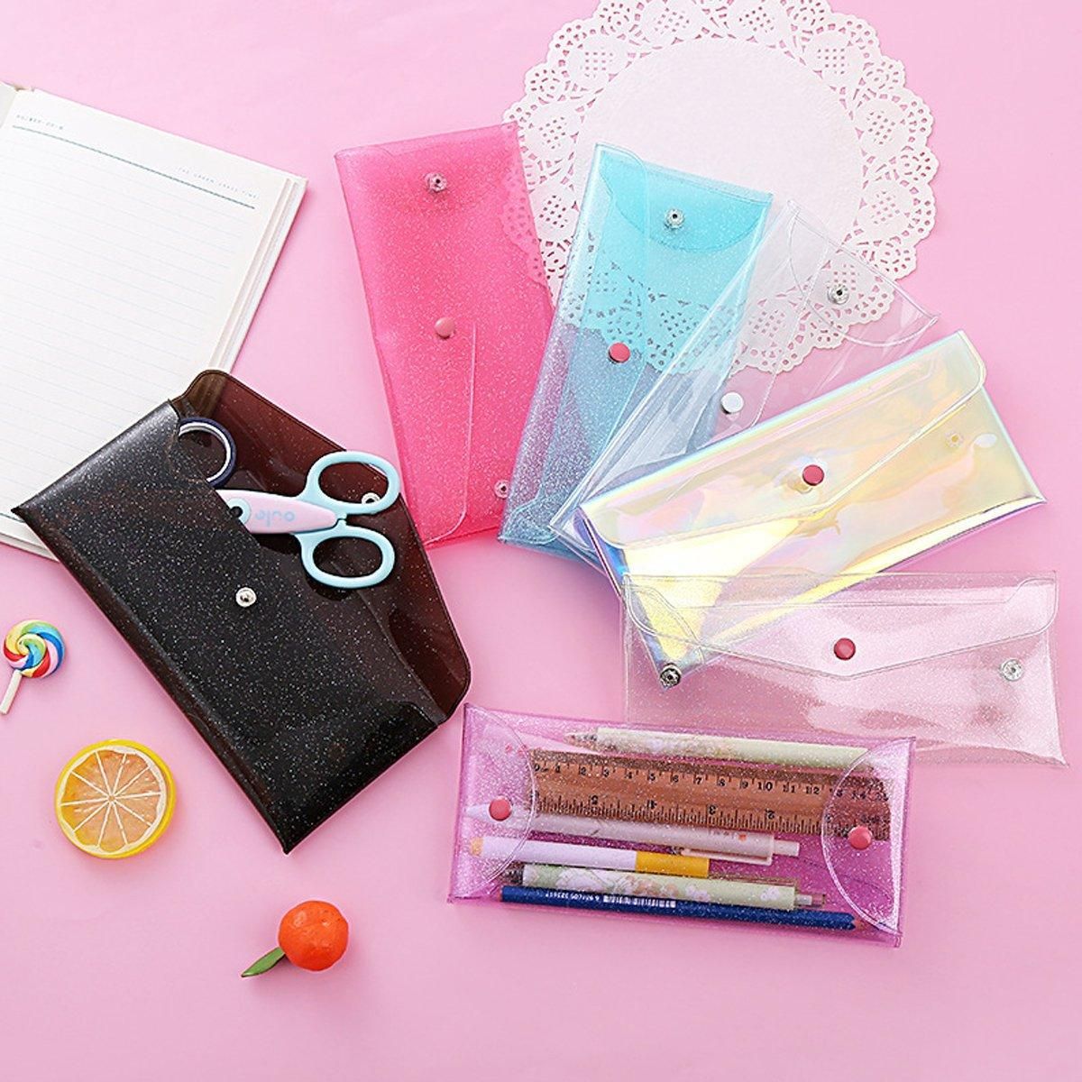 Clear PVC Pencil Pouches with Snap Button, 7 Pack