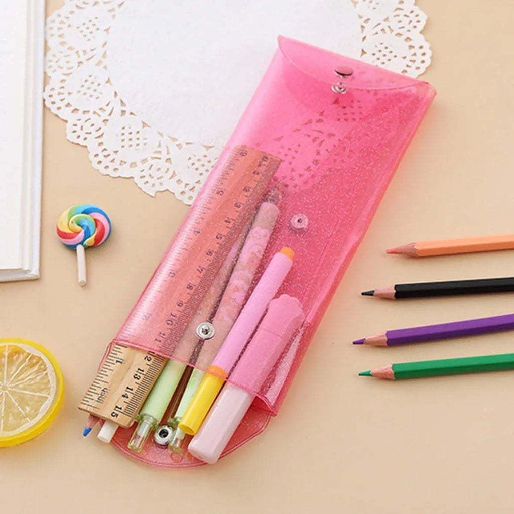 Clear PVC Pencil Pouches with Snap Button, 7 Pack