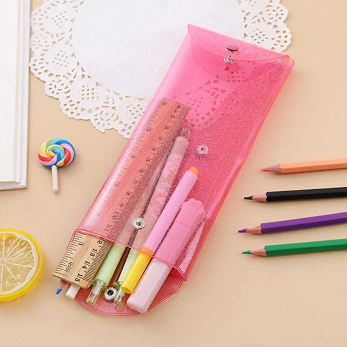 Clear PVC Pencil Pouches with Snap Button, 7 Pack