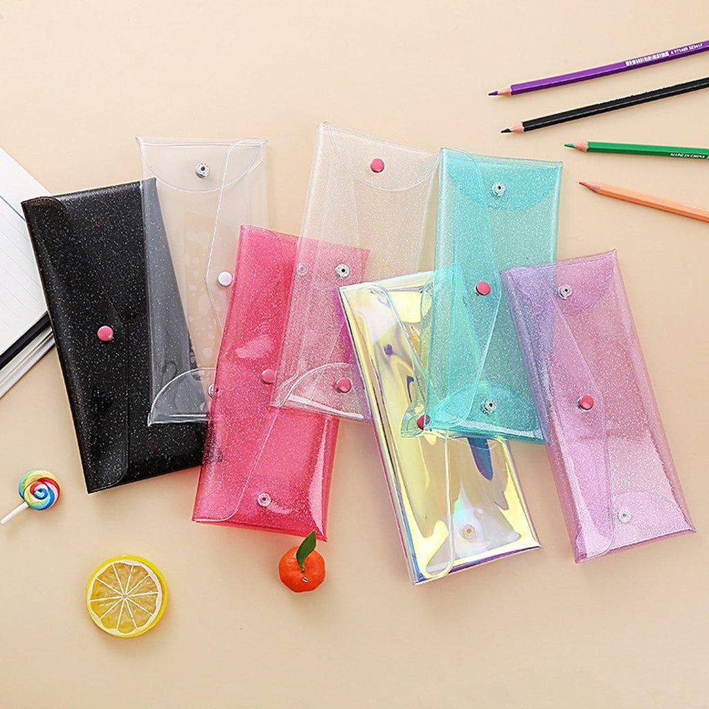 Clear PVC Pencil Pouches with Snap Button, 7 Pack