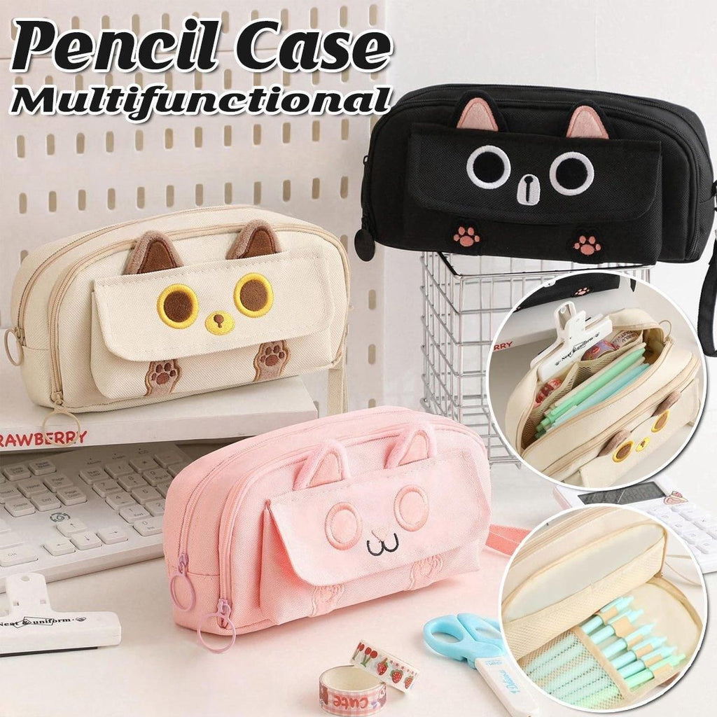 Embroidered Cat Pencil Case, Holds 40 Pens