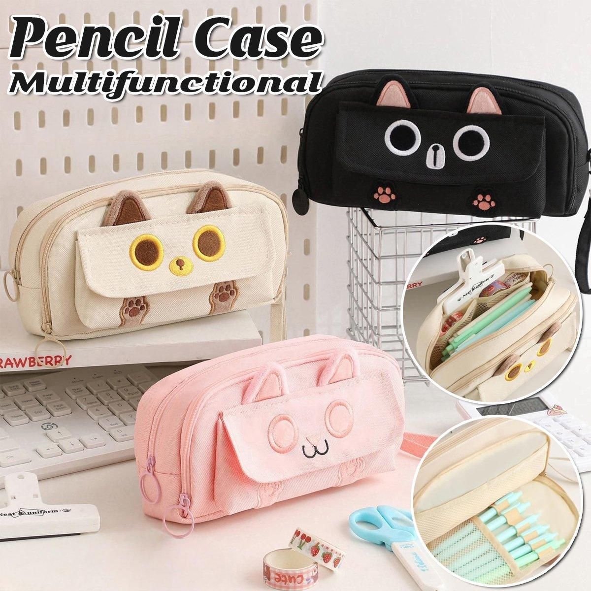 Embroidered Cat Pencil Case, Holds 40 Pens