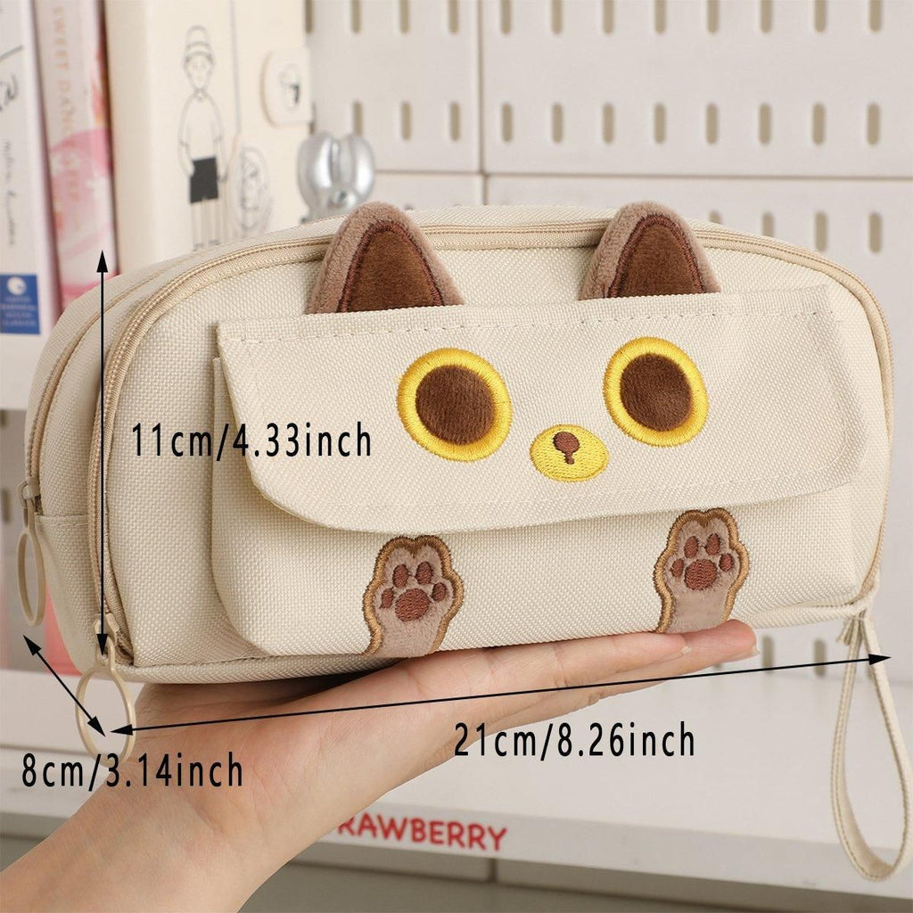 Embroidered Cat Pencil Case, Holds 40 Pens