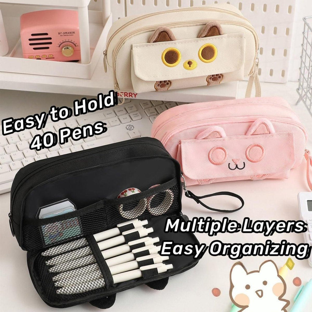 Embroidered Cat Pencil Case, Holds 40 Pens