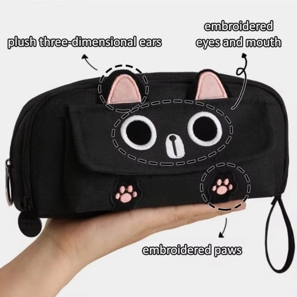 Embroidered Cat Pencil Case, Holds 40 Pens