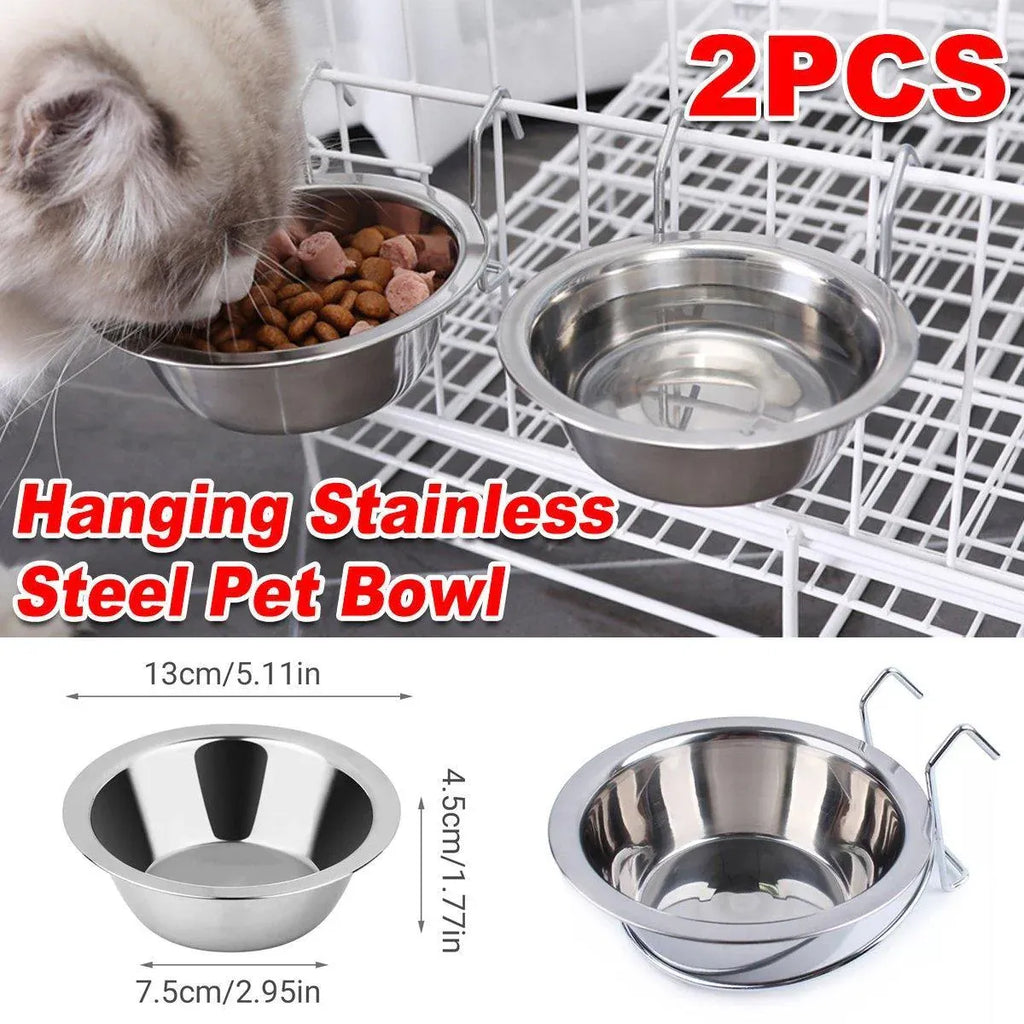 2PCS Pet Bowl Dog Food Cage Crate Water 13CM Hang-on Stainless Steel