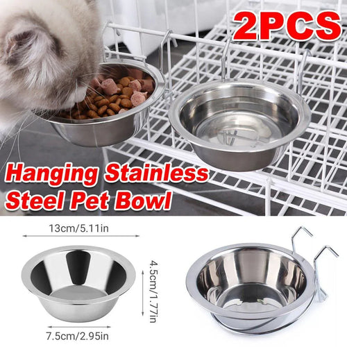 2PCS Pet Bowl Dog Food Cage Crate Water 13CM Hang-on Stainless Steel