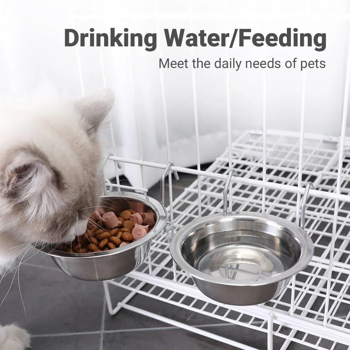 2PCS Pet Bowl Dog Food Cage Crate Water 13CM Hang-on Stainless Steel