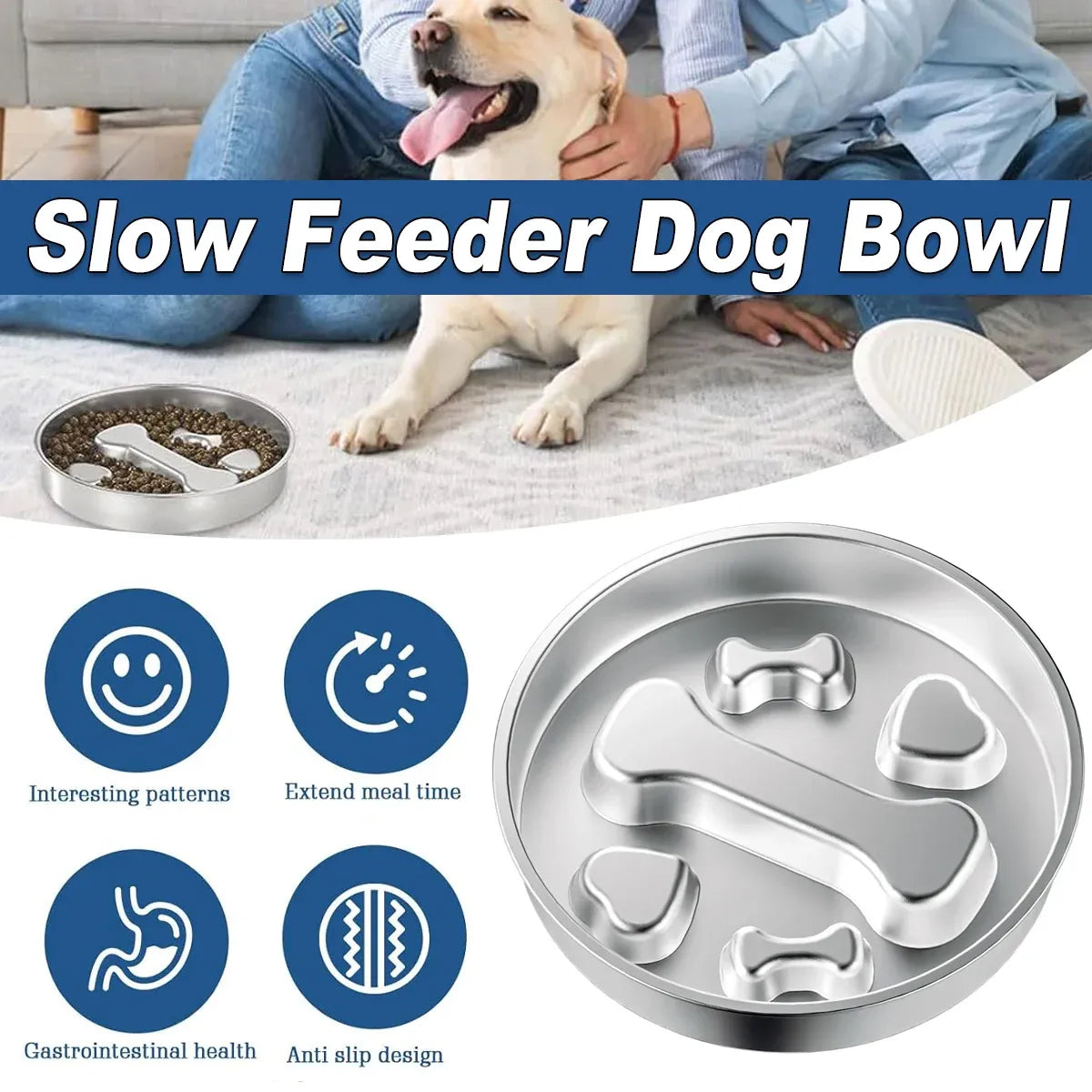 Large Capacity Stainless Steel Pet Slow Feeder Bowl Non-Slip