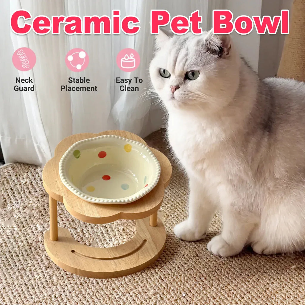 Ceramic Pet Food Bowl with Wooden Base Non Slip