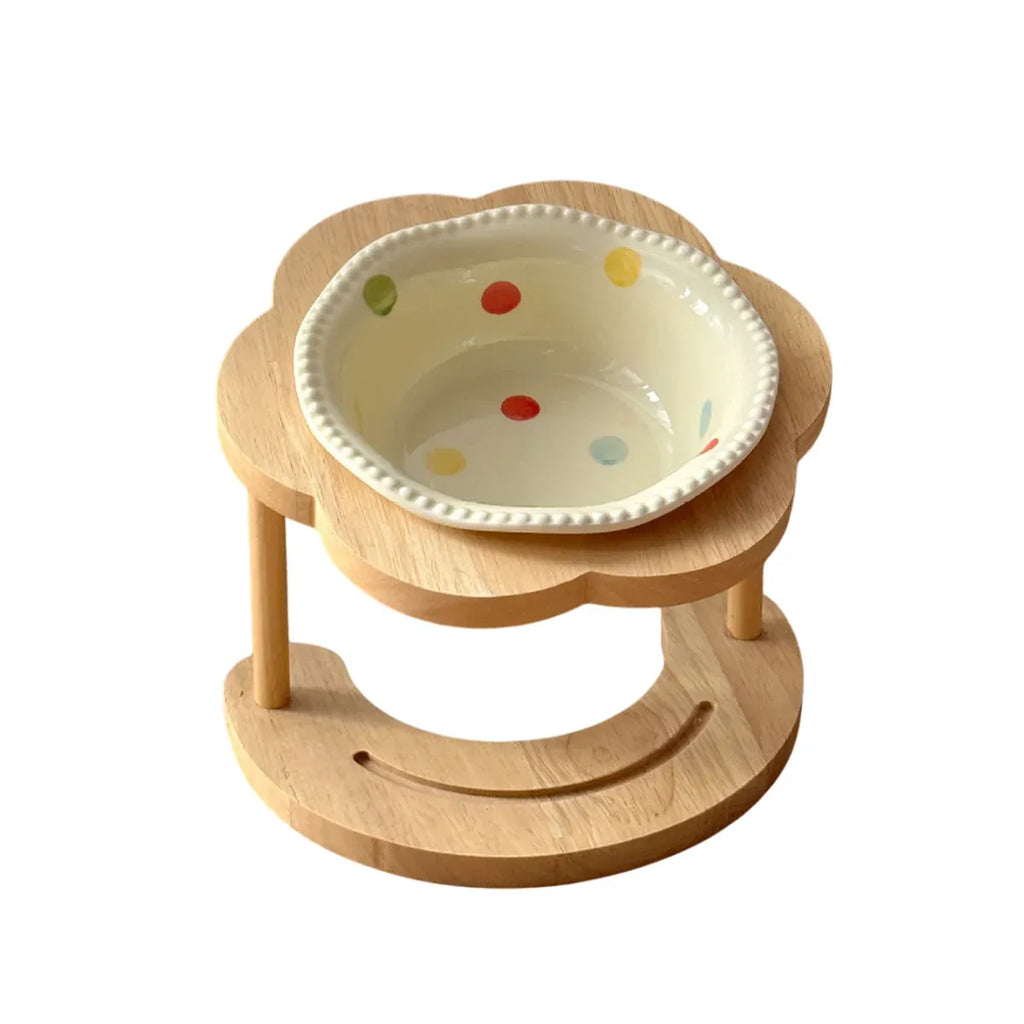 Ceramic Pet Food Bowl with Wooden Base Non Slip