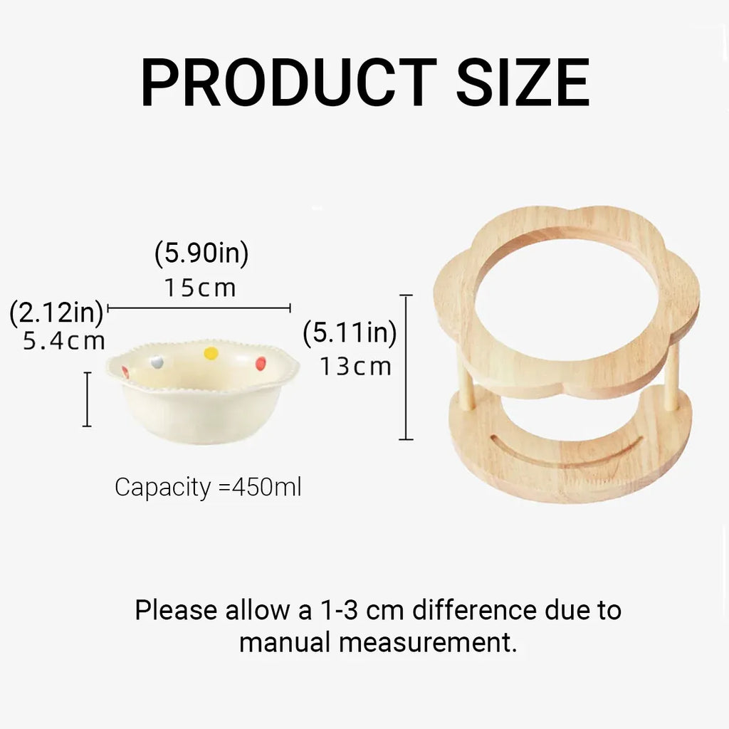 Ceramic Pet Food Bowl with Wooden Base Non Slip