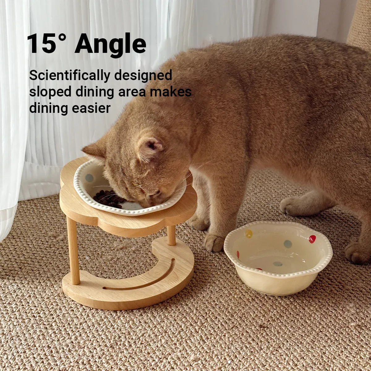 Ceramic Pet Food Bowl with Wooden Base Non Slip