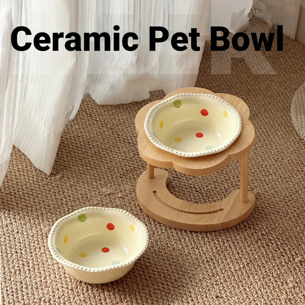 Ceramic Pet Food Bowl with Wooden Base Non Slip
