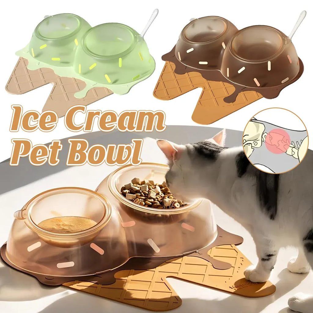 Detachable Ice Cream Shaped Bowls Pet Set Feeding Mat Spoon Cats