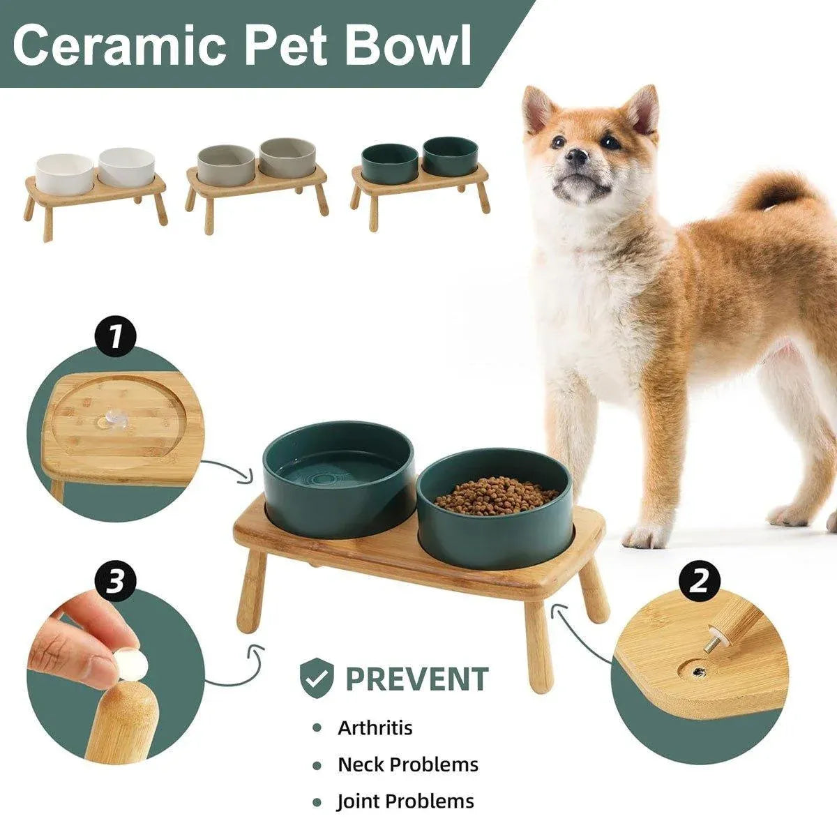 Ceramic Elevated Dog Bowl Anti-Slip Double Bowl