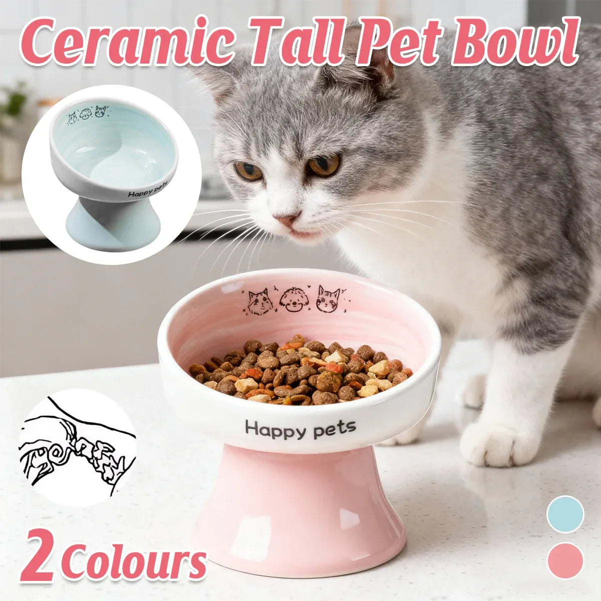 Tall Raised Ceramic Pet Bowl for Cats and Small Dogs in Blue or Pink