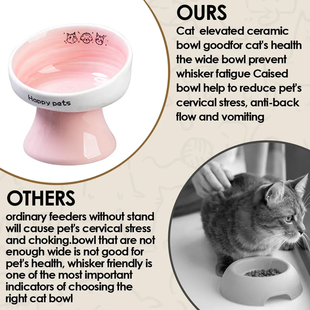 Tall Raised Ceramic Pet Bowl for Cats and Small Dogs in Blue or Pink