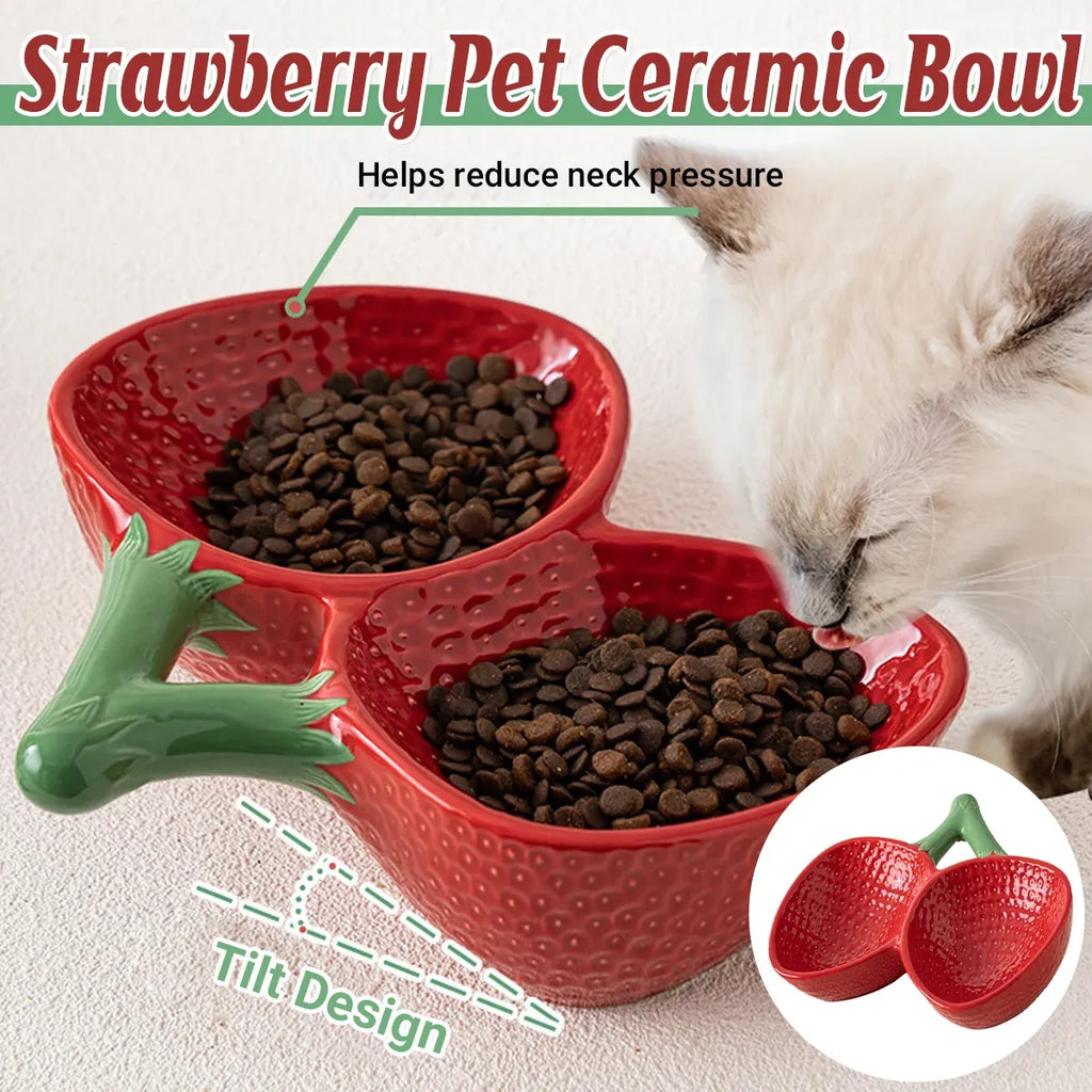 Strawberry Ceramic Tilted Pet Bowl Set Cat Dog Double Elevated Non