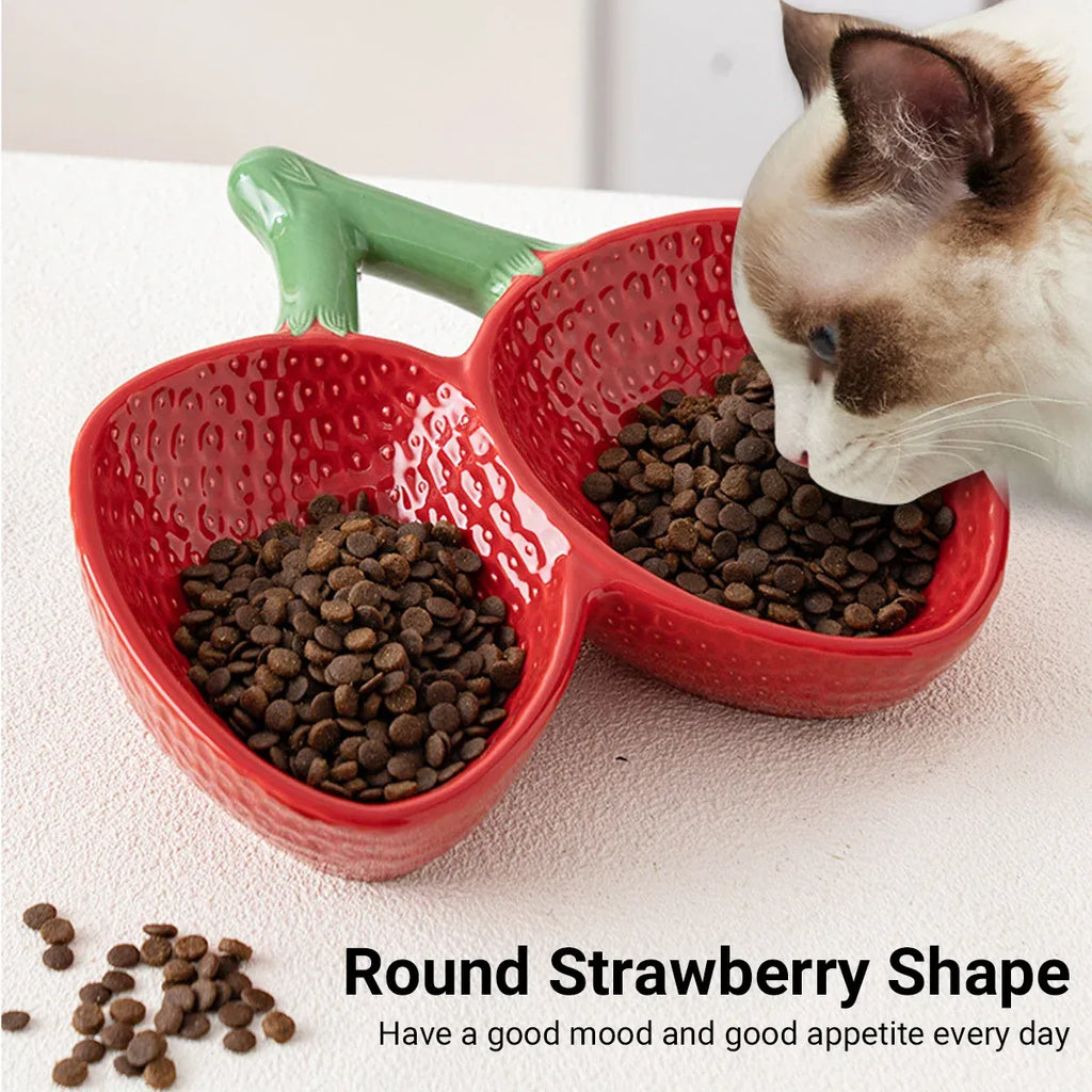 Strawberry Ceramic Tilted Pet Bowl Set Cat Dog Double Elevated Non