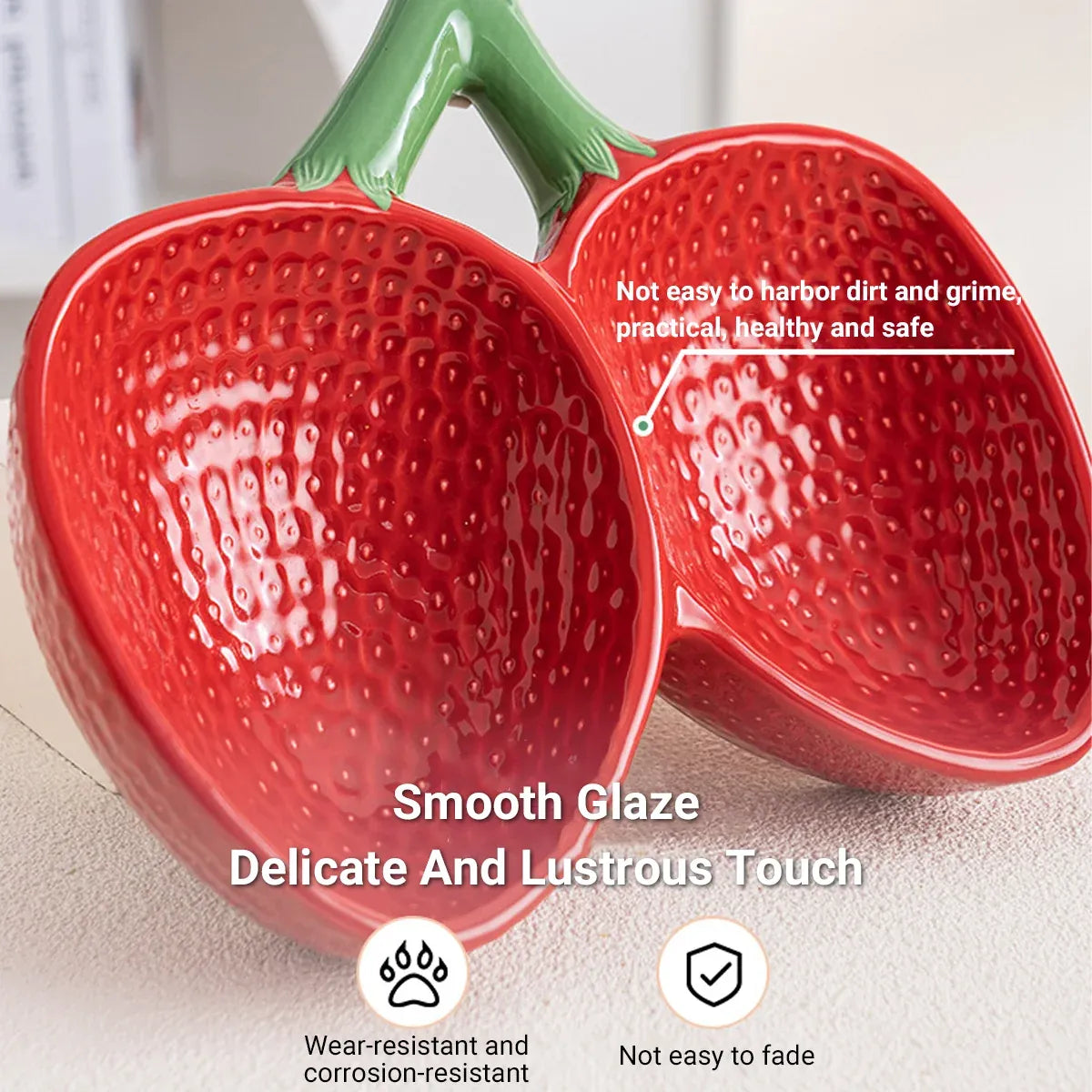 Strawberry Ceramic Tilted Pet Bowl Set Cat Dog Double Elevated Non