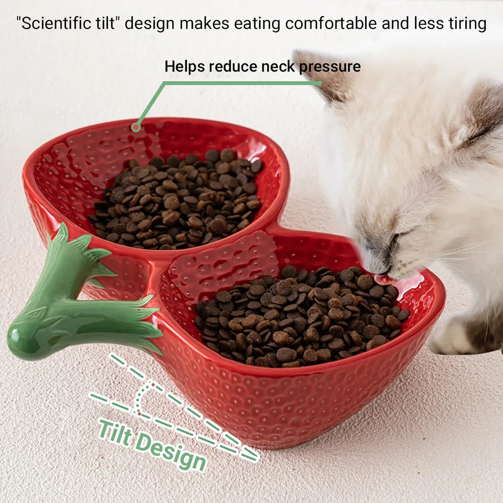 Strawberry Ceramic Tilted Pet Bowl Set Cat Dog Double Elevated Non