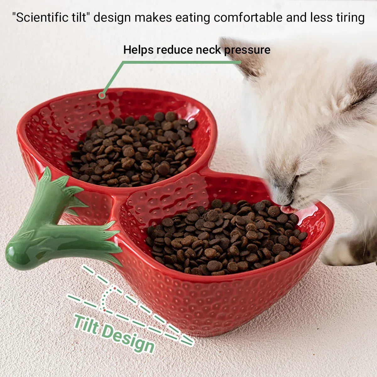 Strawberry Ceramic Tilted Pet Bowl Set Cat Dog Double Elevated Non