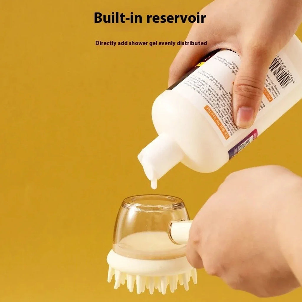 Press to Dispense Pet Bath Massage Brush, Beige, shown in a real setting, photo 6 of 6