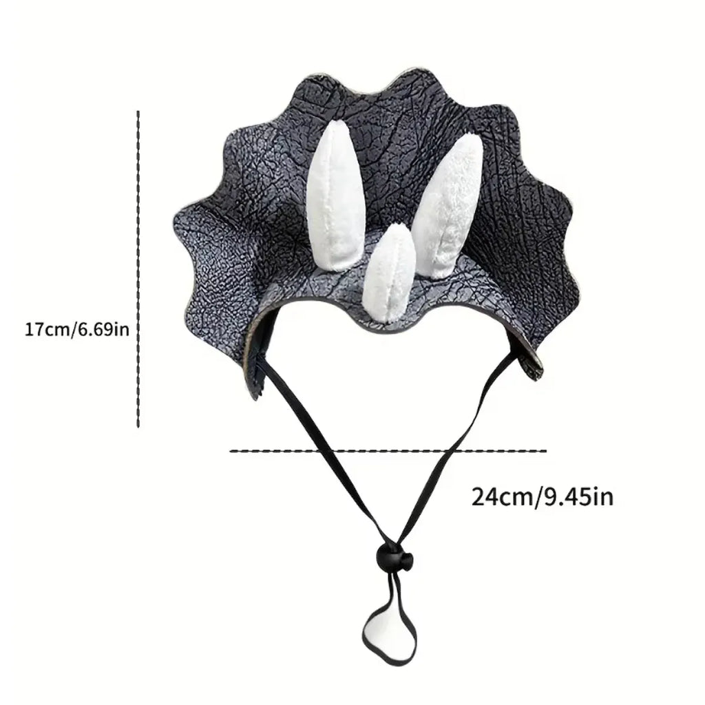 Triceratops Pet Costume Hat with 3D Horns, with its measurements marked, photo 3 of 6