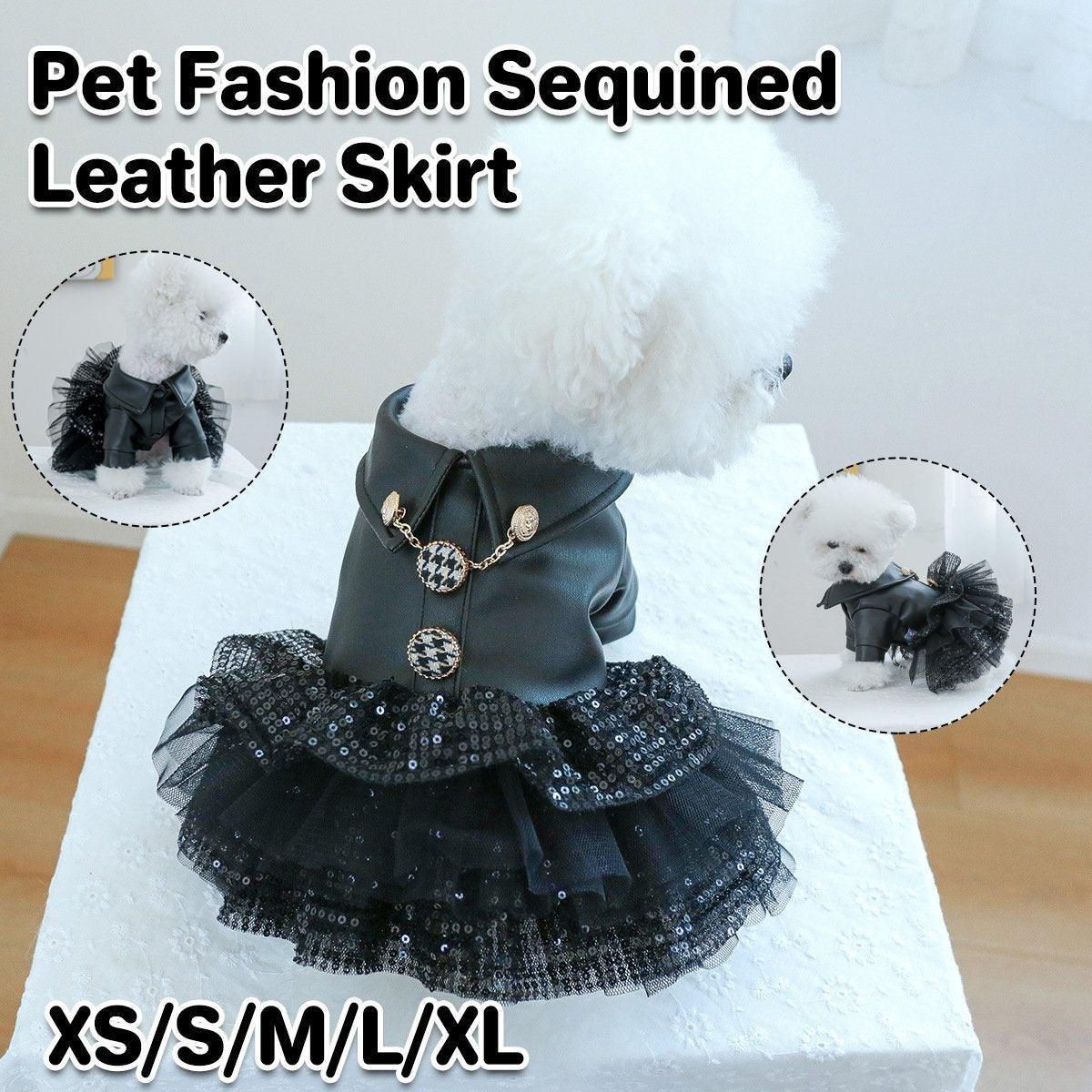 Autumn Winter Pet Dog Cat Dress Faux Leather Sequin Skirt Outfit