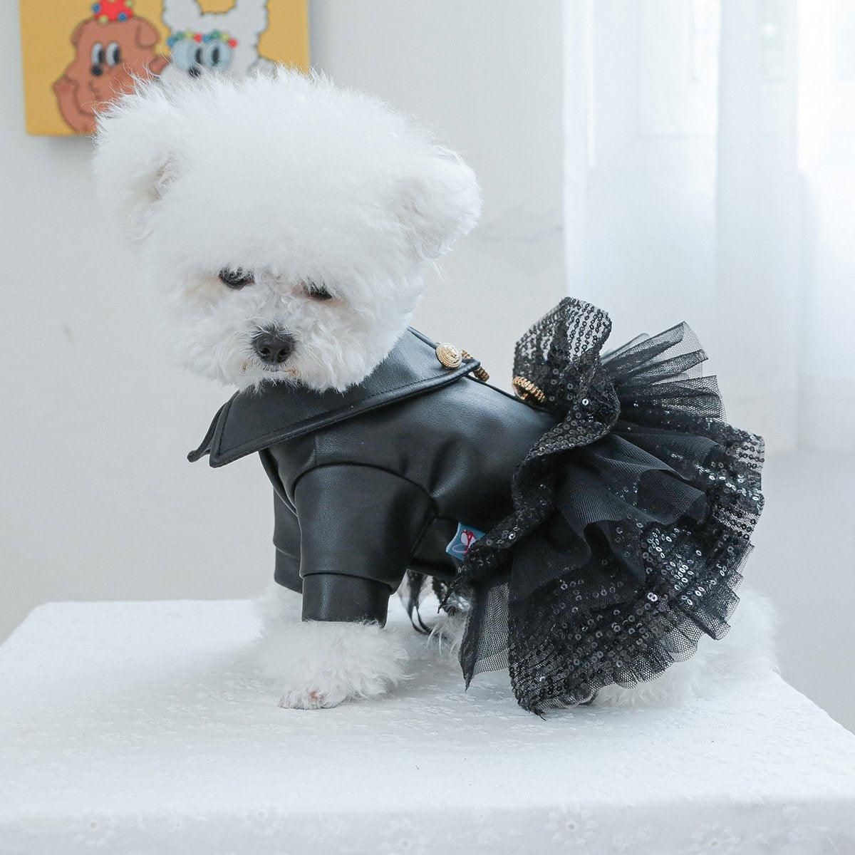 Autumn Winter Pet Dog Cat Dress Faux Leather Sequin Skirt Outfit