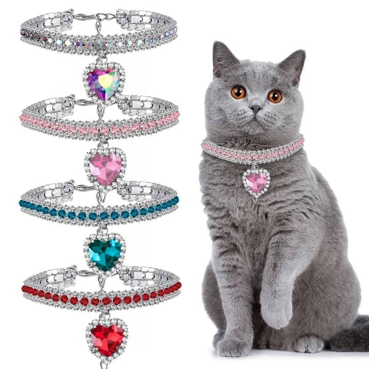 Pet Rhinestone Collar 4PCS Heart Pendant Cat Dog Adjustable 16.5-26cm