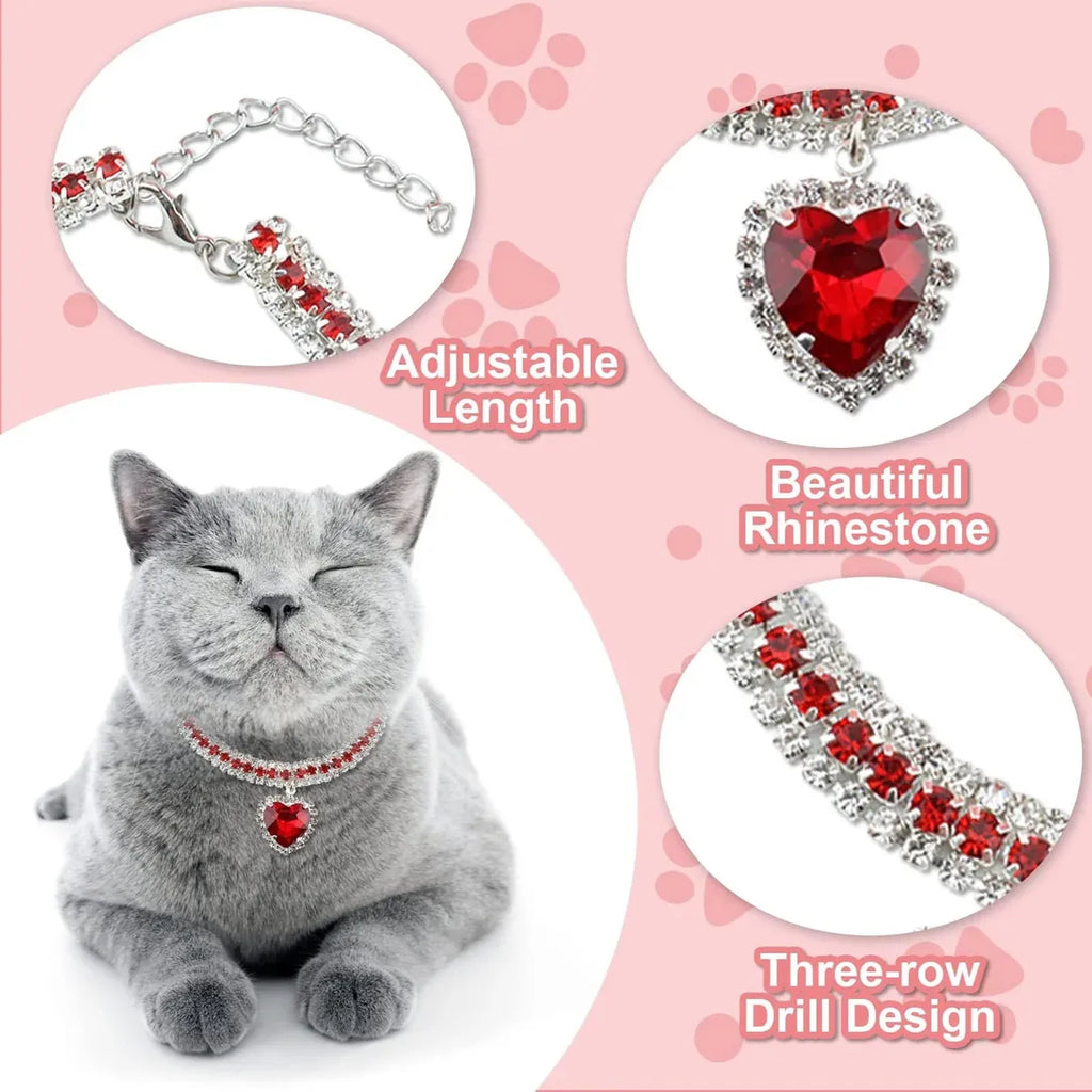 Pet Rhinestone Collar 4PCS Heart Pendant Cat Dog Adjustable 16.5-26cm